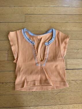 Urban Outfitters Peach Ribbed Crop Top with Light Blue Trim